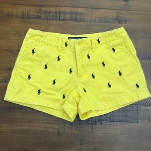 Ralph Lauren Sport Women's Yellow Shorts with All Over Logo Navy Embroidery sz 2